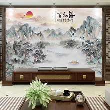 现代中式3d电视背景墙壁纸海纳百川墙纸壁画客厅卧室无缝影视墙布