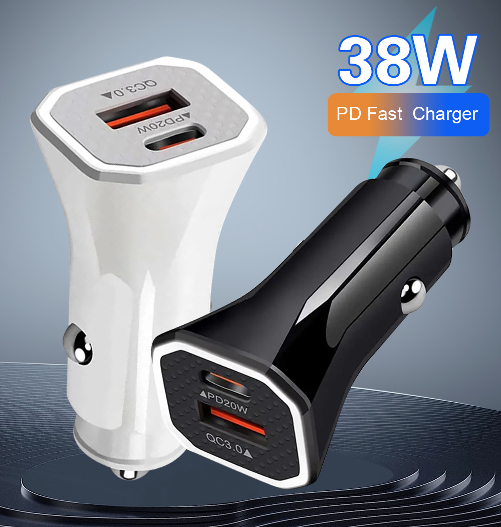 38W Qc3.0 + PD Dual Line Fast Charge Vehicle-Mounted Mobile Phone Charger Type-C Car Charger Car Charger Car Cigarette Lighter