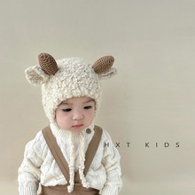 婴儿毛绒帽子秋冬保暖系带护耳帽超萌可爱小羊婴幼儿宝宝套头帽冬