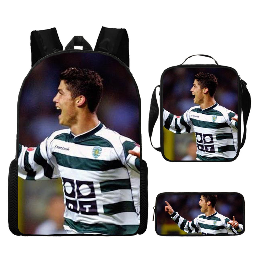 Football Star C Luo Backpack Printed Three-Piece Set Children's Schoolbag Primary and Secondary School Student Backpack Lunch Bag Pencil Case