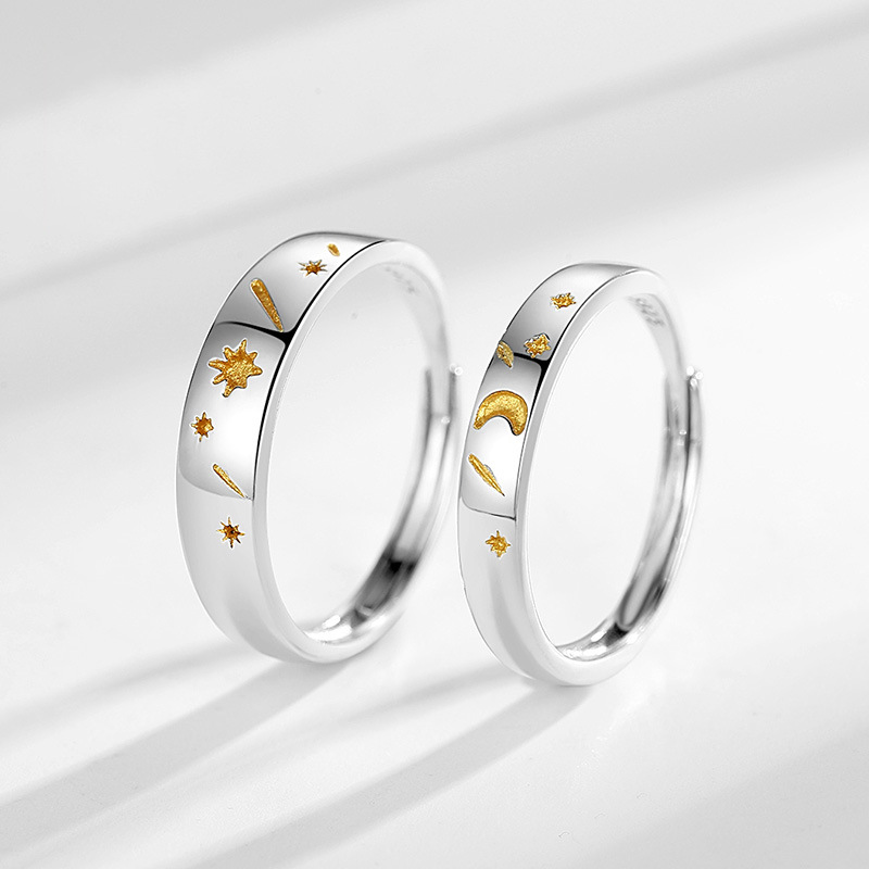 s925银日月星辰情侣戒指男女一对 日韩简约学生森系太阳月亮对戒