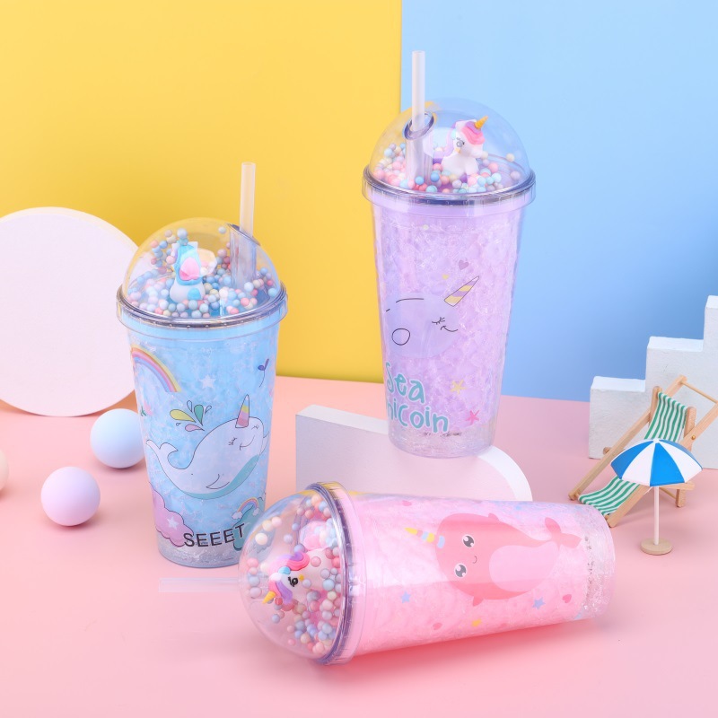 New Creative Cartoon Cute Crushed Ice Cup Narwhal Student Portable Plastic Cup Internet Celebrity Summer Cup with Straw Wholesale