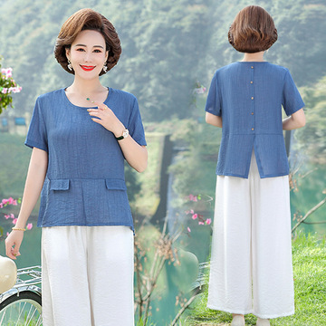 老人衣服妈妈装t恤上衣九分裤套装中老年女装夏季新款短袖两件套
