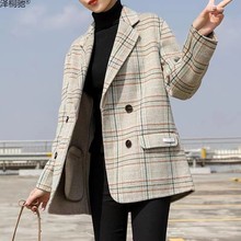 双面羊毛大衣女中长西装韩版2022新款小个子格子休闲显瘦毛呢外套
