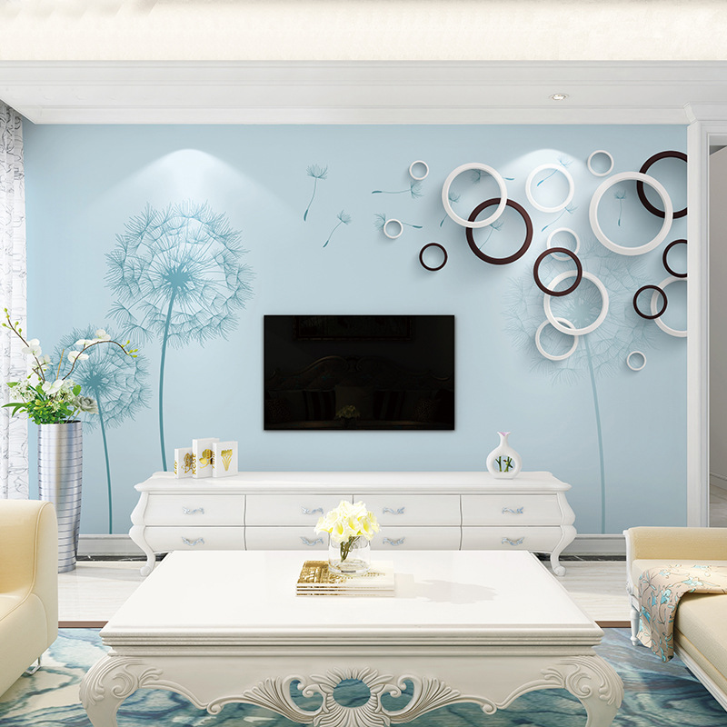 现代简约蒲公英壁画8d电视背景墙壁纸方形竖版影视墙两边18d壁布