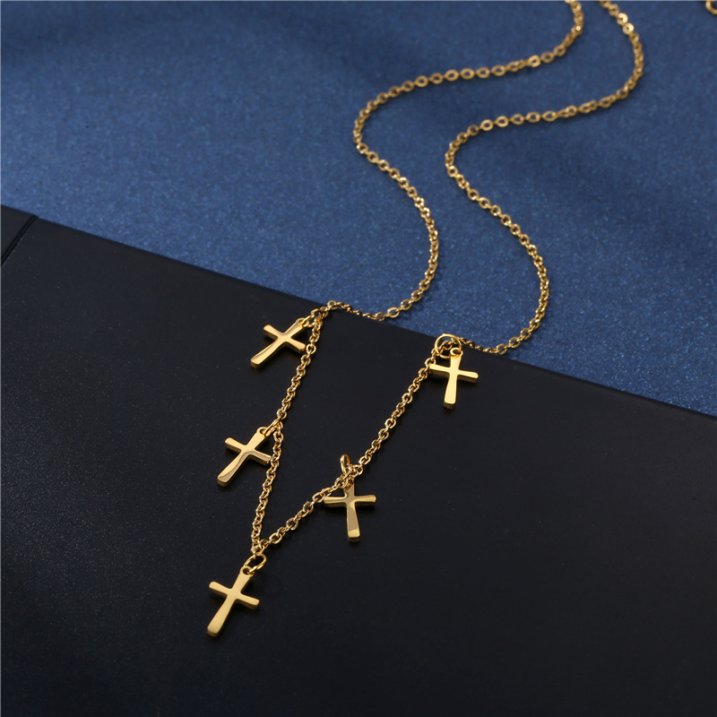 European and American Trend New 18K Gold Titanium Steel Cross Pendant Necklace Women's Stainless Steel Cross Clavicle Chain Neck Chain