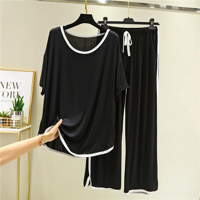 夏装-斤大码纯色短袖长裤家居服女圆领薄款宽松两件套装潮-阿里巴巴