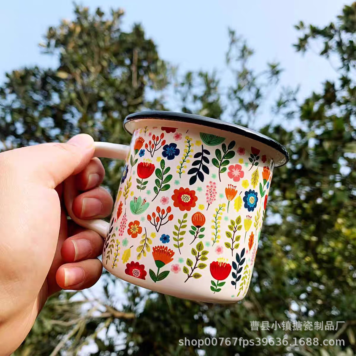 创意家用花朵搪瓷杯春夏天的彩绘马克杯不锈钢包边户外搪瓷缸茶杯