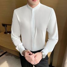 秋季新款中山领衬衫男韩版长袖修身纯色立领潮流休闲帅气男士衬衣