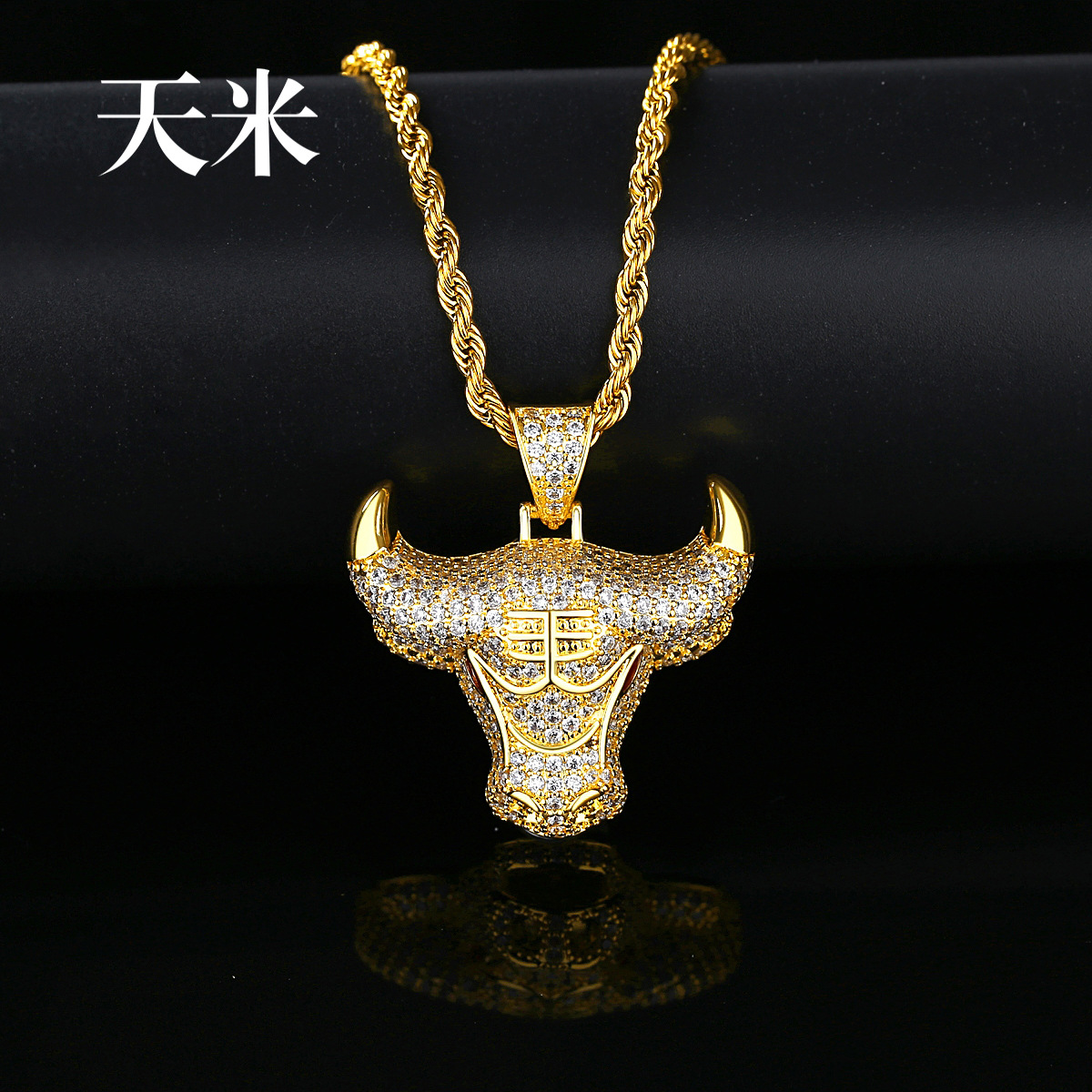 天米欧美新款时尚微镶锆石项链牛头造型吊坠嘻哈个性项链厂家批发