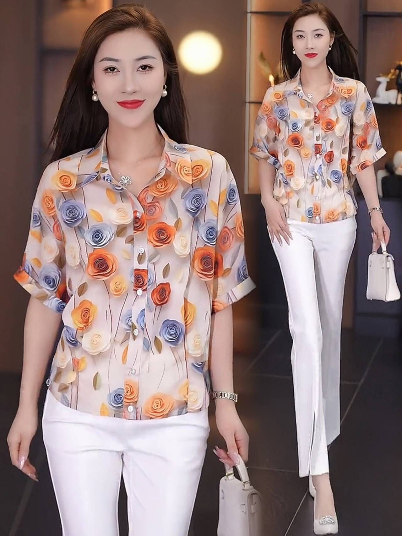 小个子碎花雪纺衫女士短袖衬衫上衣2024夏季新款洋气小衫气质衬衣