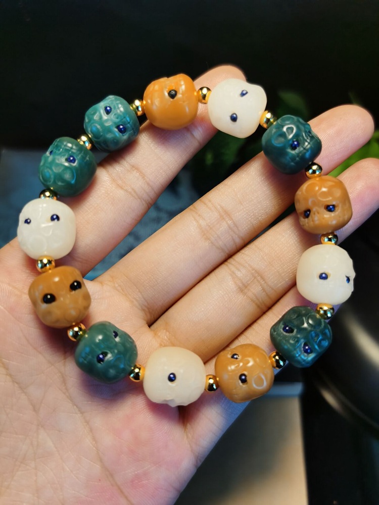 抖音直播菩提根呆呆团阴皮绿菩提根雕刻阿呆多宝菩提手链男女手串