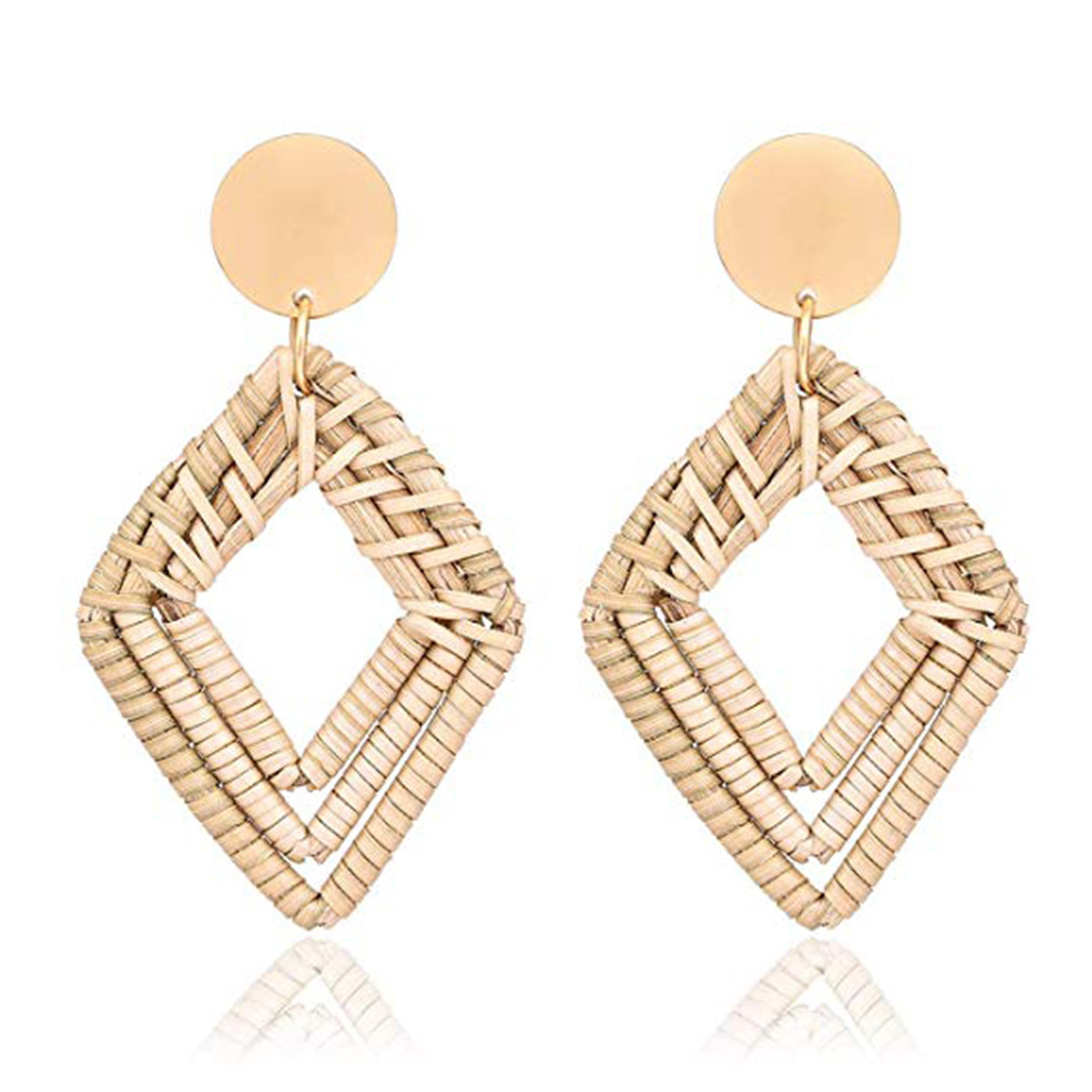 Ethnic Style Retro Geometric Vine Hand-Woven Earrings Europe and America Cross Border Beach Style Exaggerated Rattan Earrings