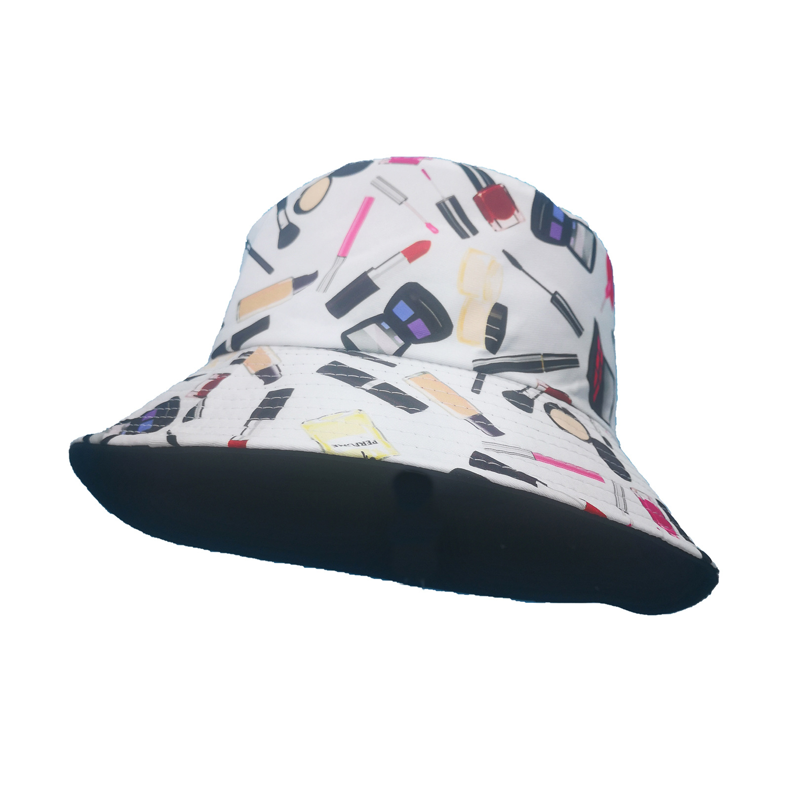 Cross-Border Artificial Cotton Bucket Hat Women's Casual Beauty Cosmetics Pattern Double-Sided Wear Bucket Hat Outdoor Sun Hat