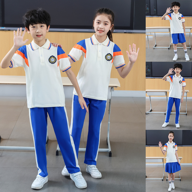 夏季班服初高中学生短袖校服套装小学生蓝色长裤男短裤毕业典礼服