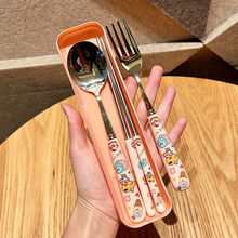 跨境批发keir304不锈钢陶瓷勺叉筷子可爱卡通学生宿舍家用便携餐