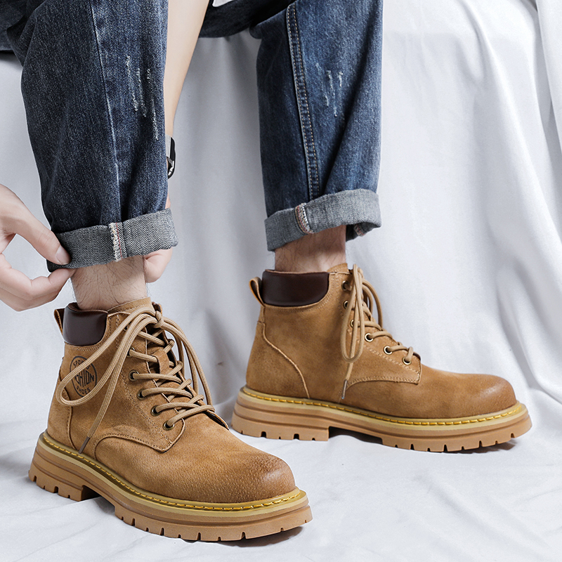 马丁靴男士春季百搭新款大黄靴厚底内增高户外工装中帮短靴子