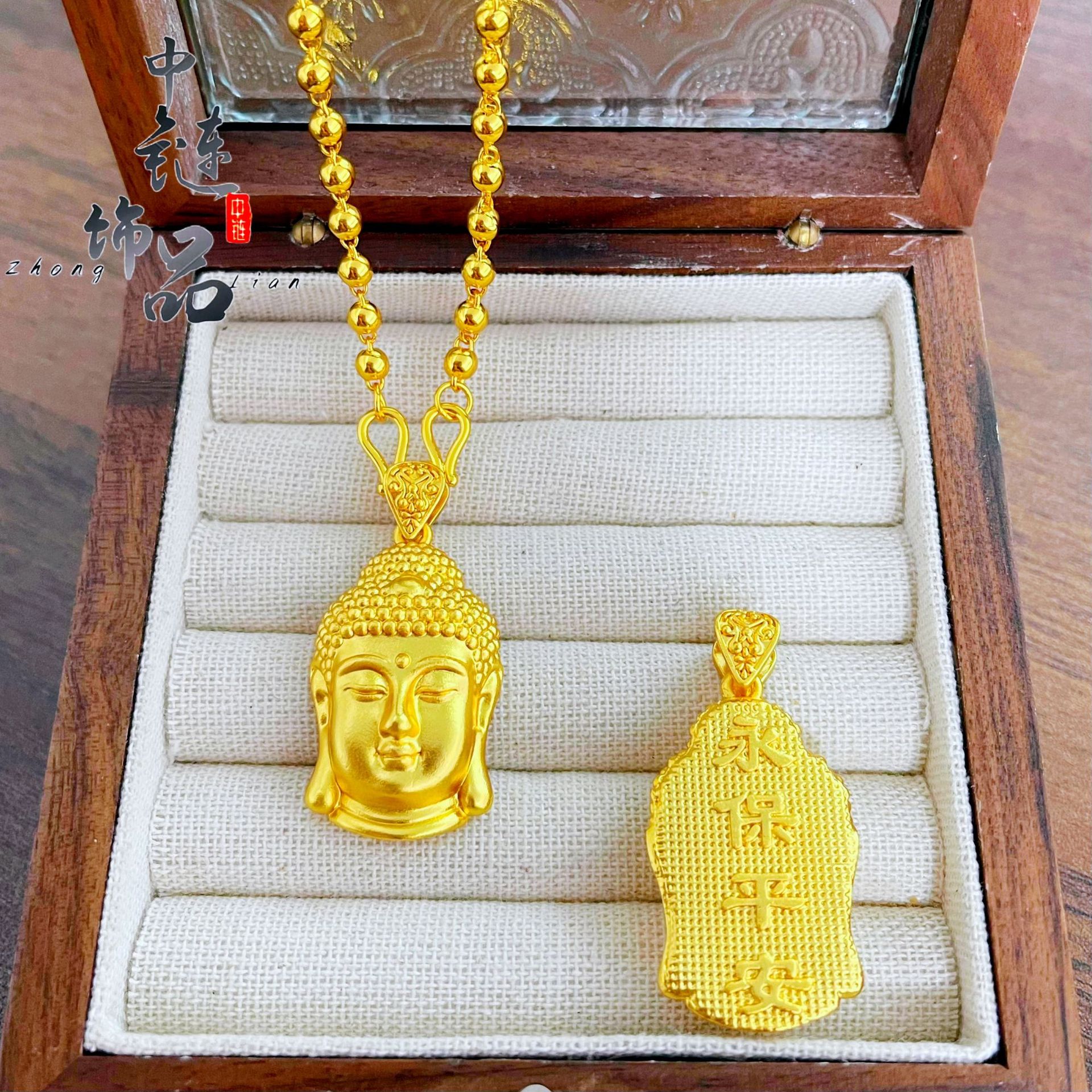 金店同款高保色古法沙金永保平安佛头吊坠铜镀金大日如来佛头挂坠