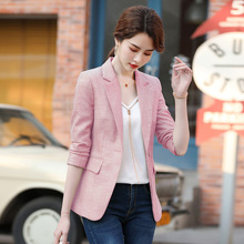 粉色格纹西装外套女春秋2021年新款韩版英伦风修身洋气小西服上衣