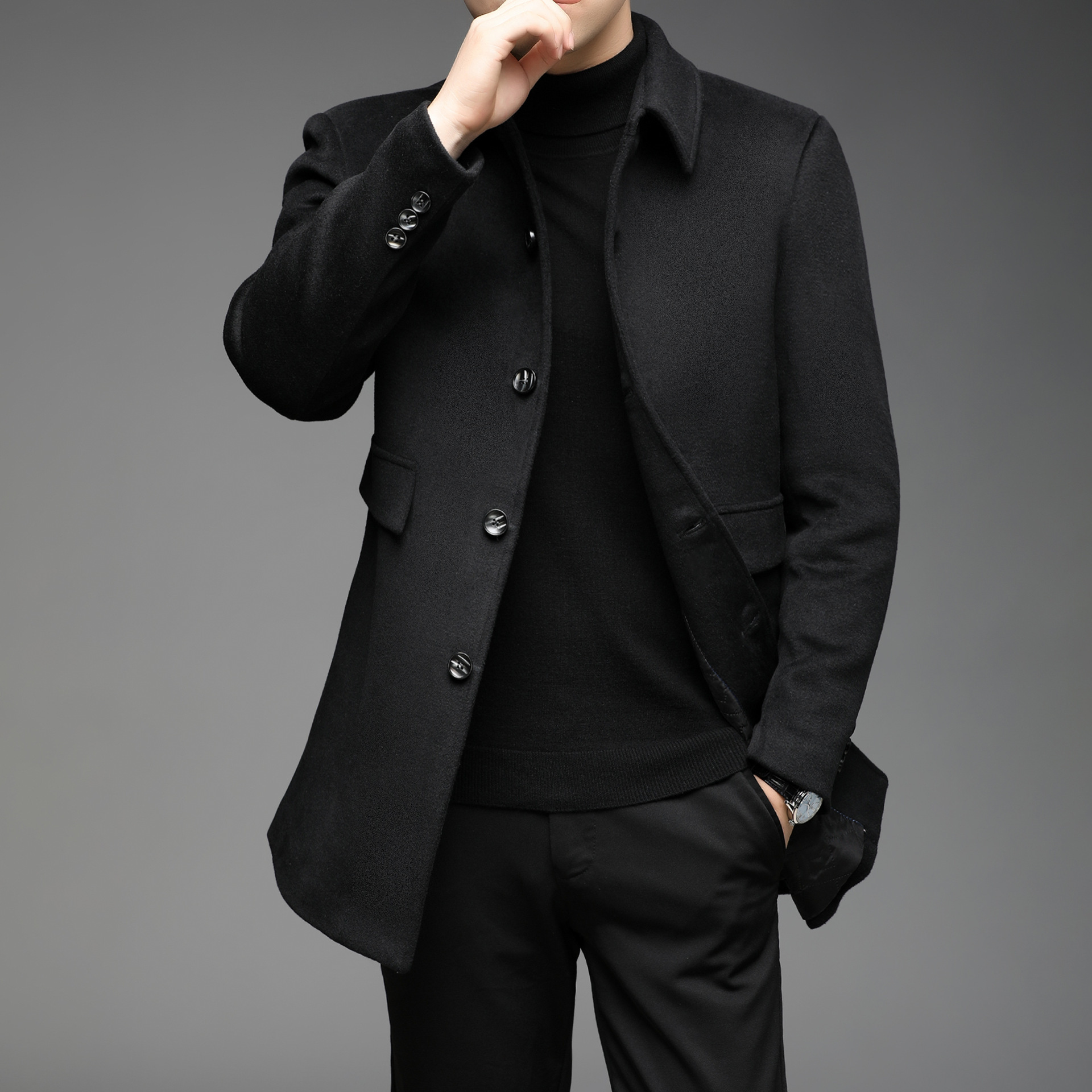 2021秋冬中长款毛呢大衣男中老年男装商务休闲翻领加厚毛呢外套