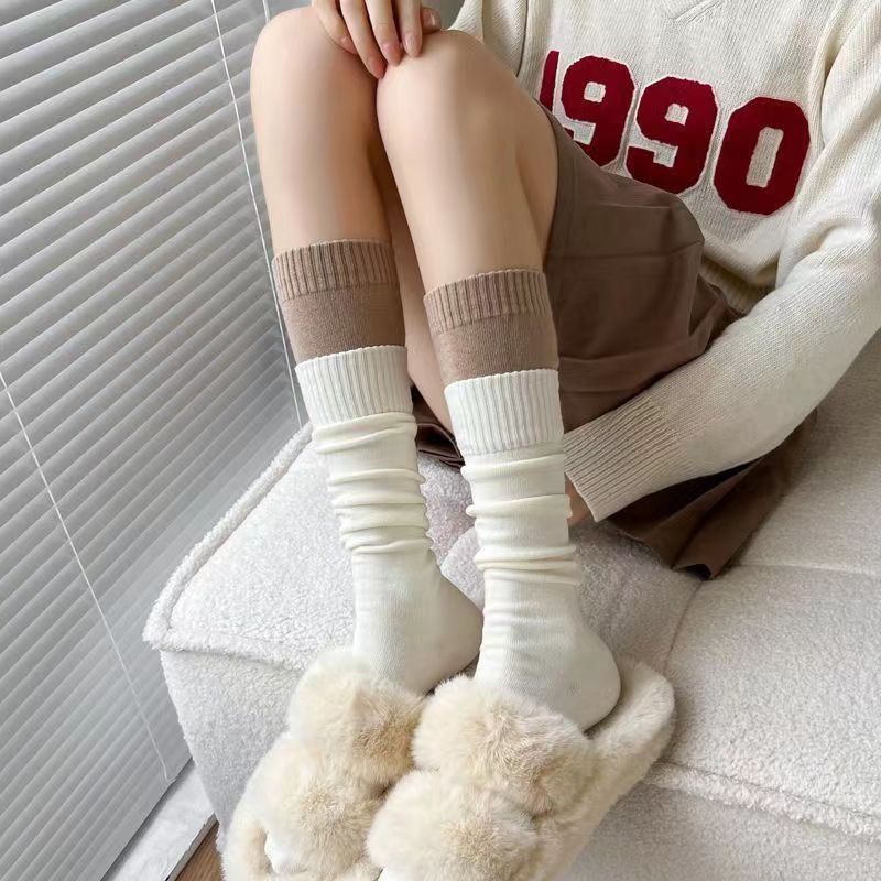 Double Socks Ins Xiaohongshu Same Style Cyber Celebrity Socks Female Calf Socks Knee Length Socks Spring and Autumn Stitching Bunching Socks Long Socks