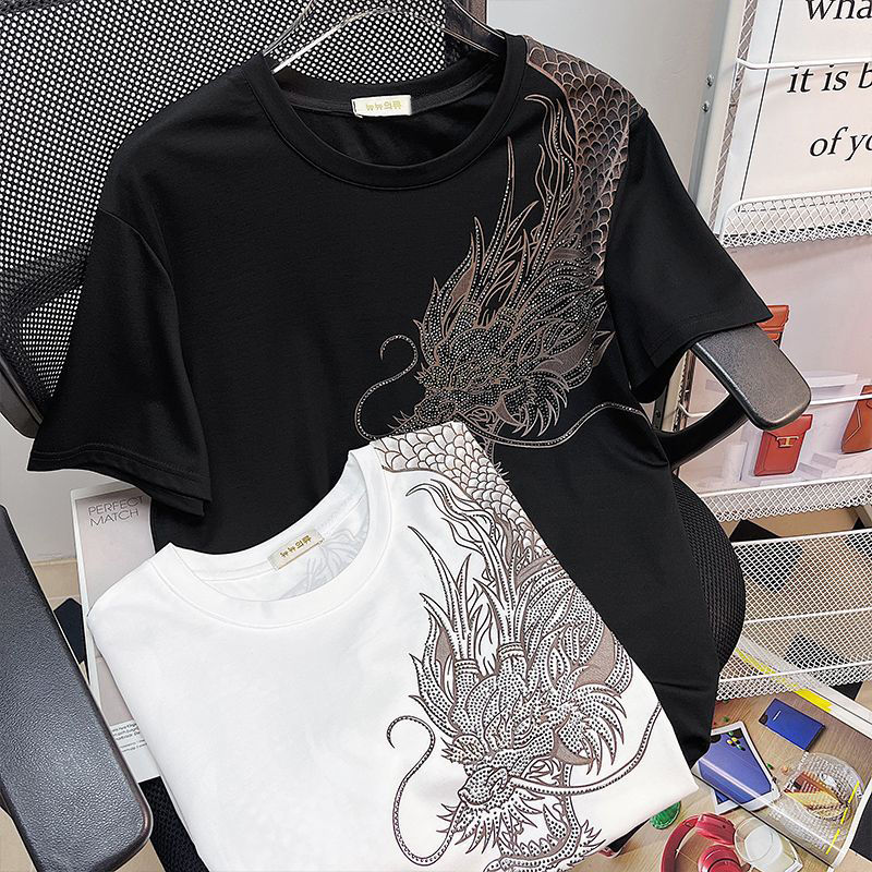 夏季网红同款儿童潮牌上衣男童过肩龙镶烫钻t恤短袖纯棉男孩半袖