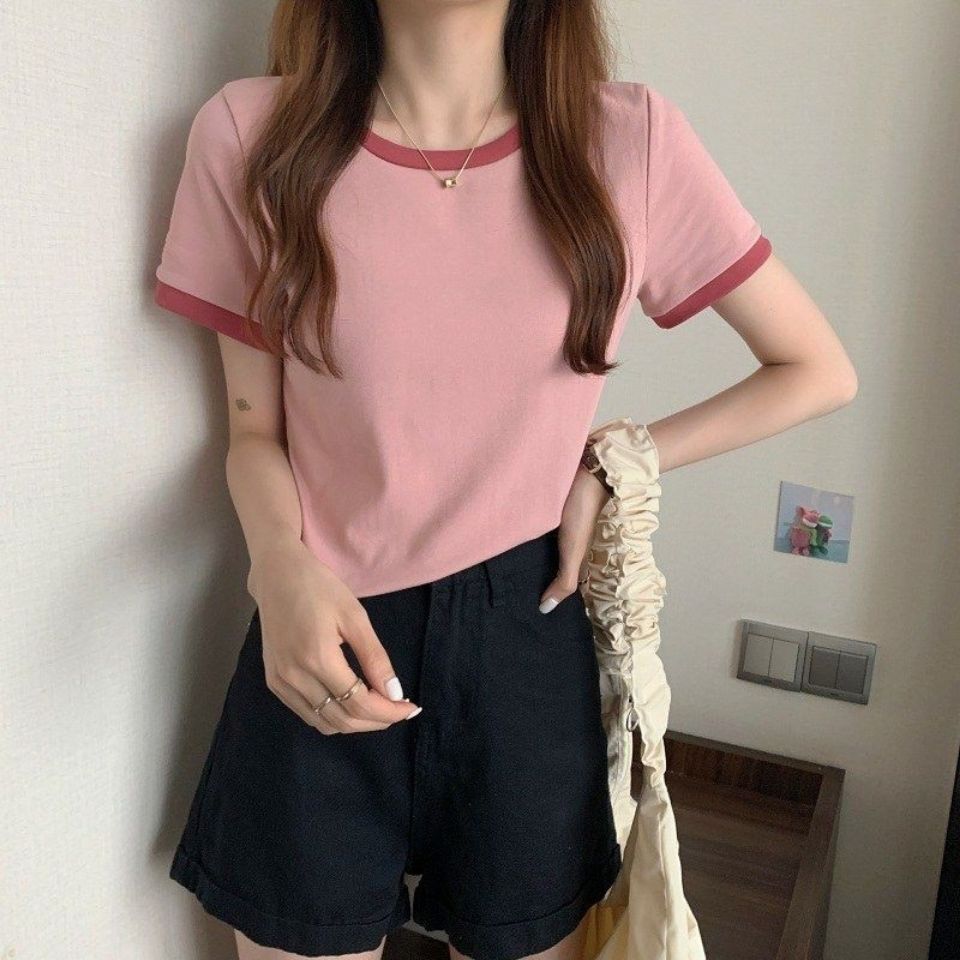 Contrast Color round Neck Short-Sleeved T-shirt for Women 2023 New Summer Bottoming Shirt Korean Style Slim-Fitting Short Student Top Fashion