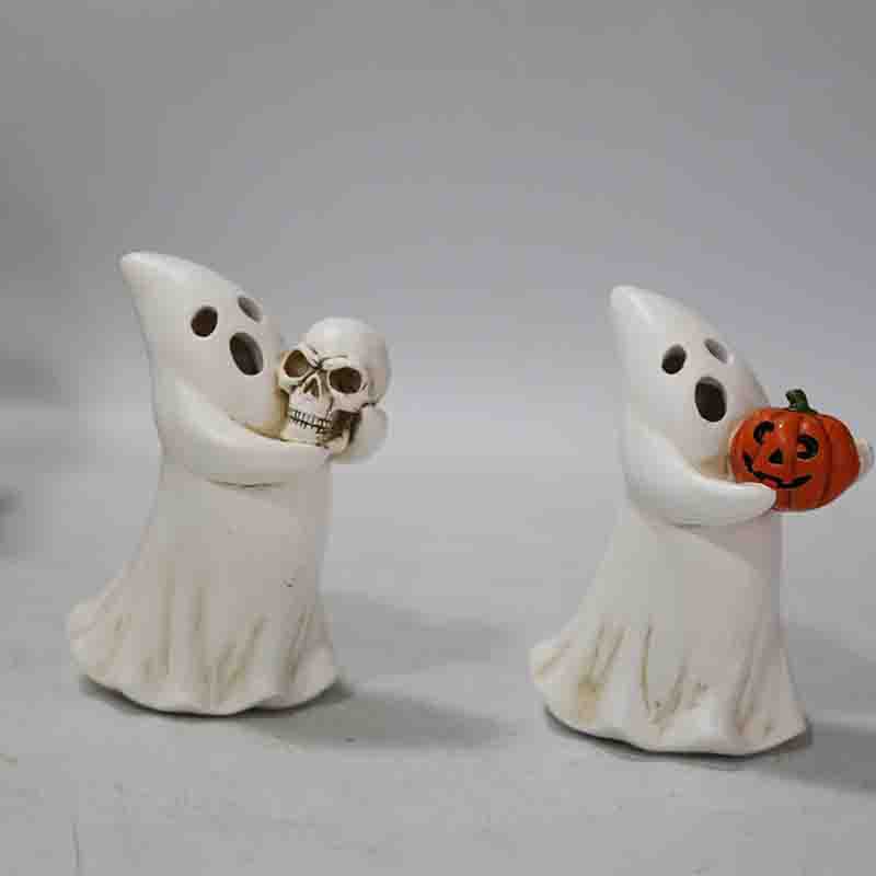 万圣节鬼节装饰品晚会摆件树脂白鬼抱南瓜,白鬼抱骷颅头带led灯