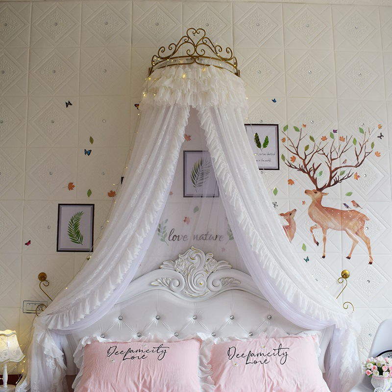 床幔公主风蚊帐床帘家用粉色少女可爱儿童1.5纱幔皇冠架1.