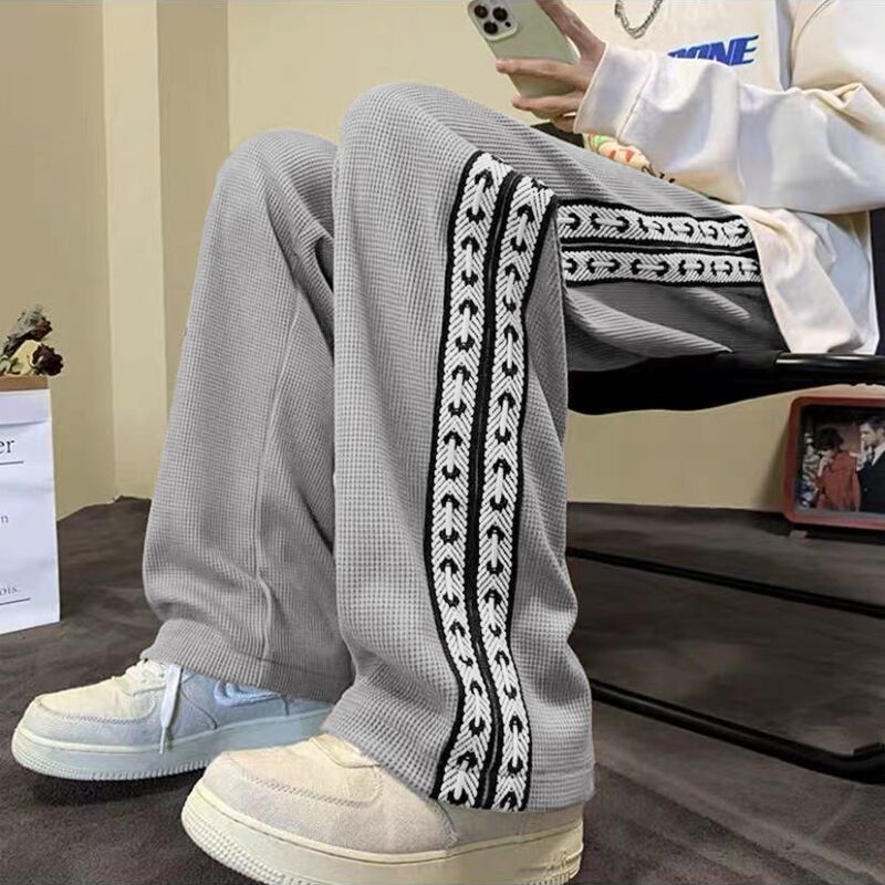 American High Street Waffle Pants Men's Spring and Autumn Fashion Brand Sweatpants Men's Loose Straight Wide Leg Casual Trousers