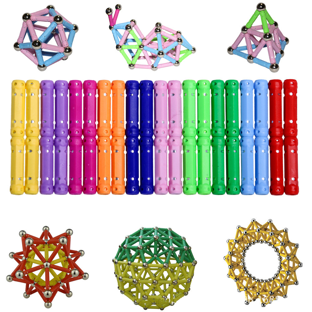 彩色塑料磁力棒巴克球儿童智力磁性积木拼搭创意磁铁玩具铁盒装