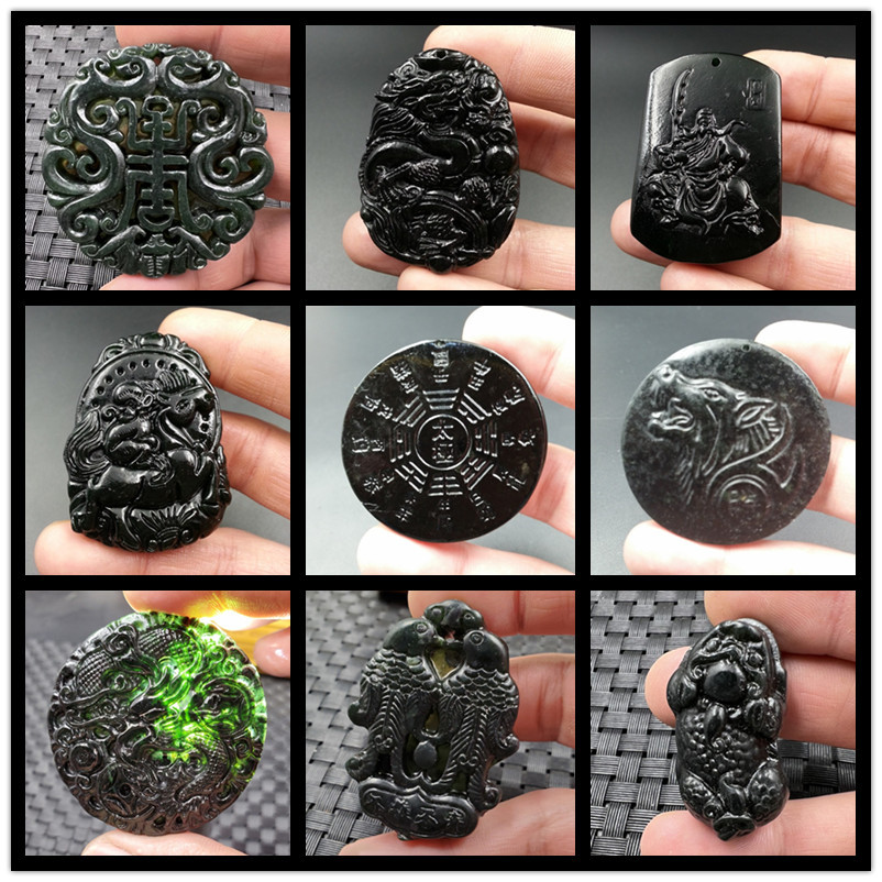 新疆和田墨玉观音佛玉石挂件墨绿关公济公龙凤八卦狼头吊坠玉牌子