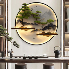 新中式迎客松入户玄关装饰画会所客厅挂件沙发背景墙发光圆形壁饰
