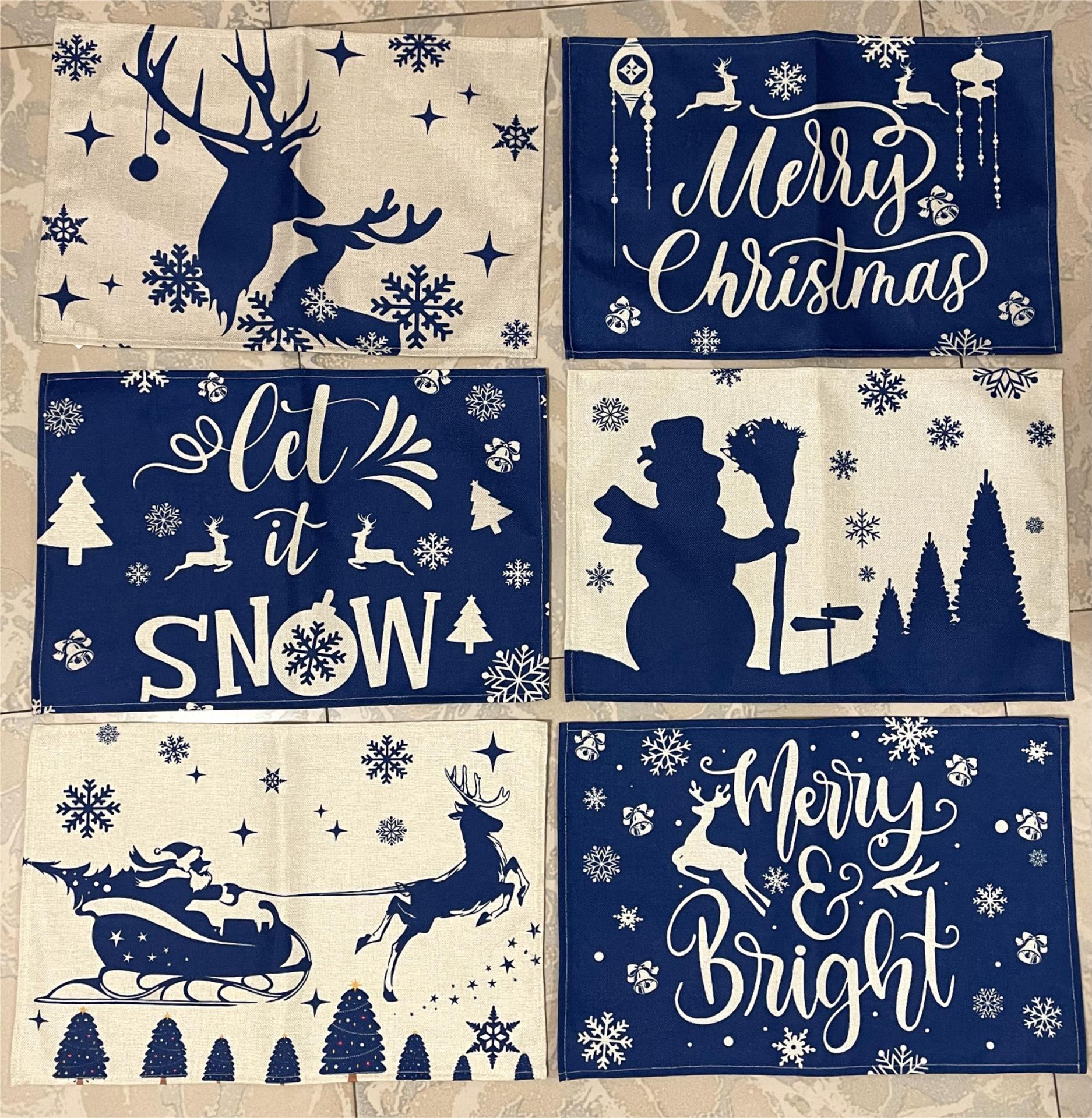 Christmas Dining Table Cushion Linen Placemat Heat Insulation Anti-Scald Christmas Printing Western Table Runner Mat Dining Table Decorations