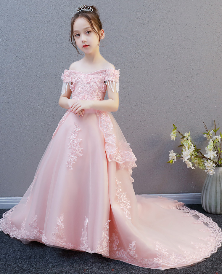 儿童婚纱蓬蓬纱拖尾超长花童钢琴演出服女童生日走秀礼服公主裙春