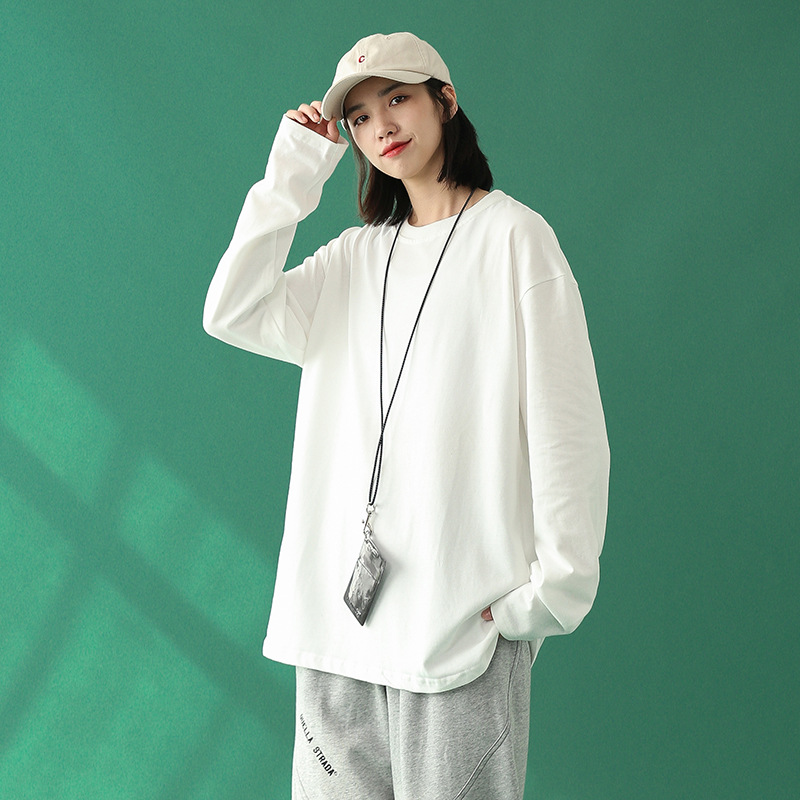 白色长袖t恤女春秋新款纯色上衣ins潮韩版圆领宽松打底衫