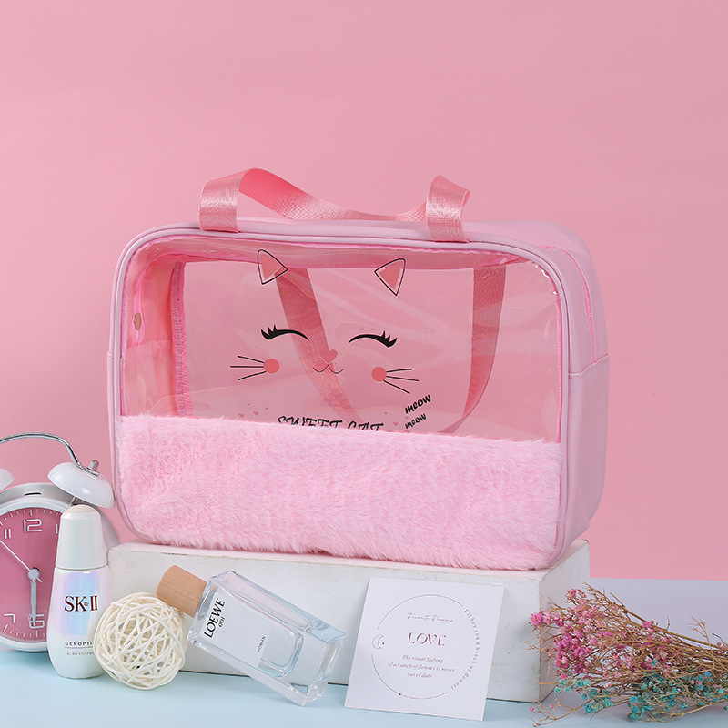 Creative Design Cosmetic Bag Translucent Cartoon Cat Printing Wash Bag Home Portable Cosmetic Storage Bag