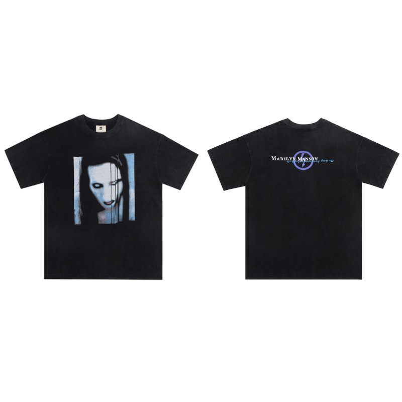 潮牌高街玛丽莲曼森水洗做旧oversize宽松vintage纯棉vtg短袖t恤