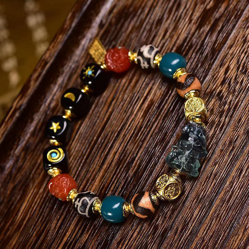 天然玛瑙日月星辰多宝手链单圈虎牙天珠扎基拉姆方珠配珠文玩手串