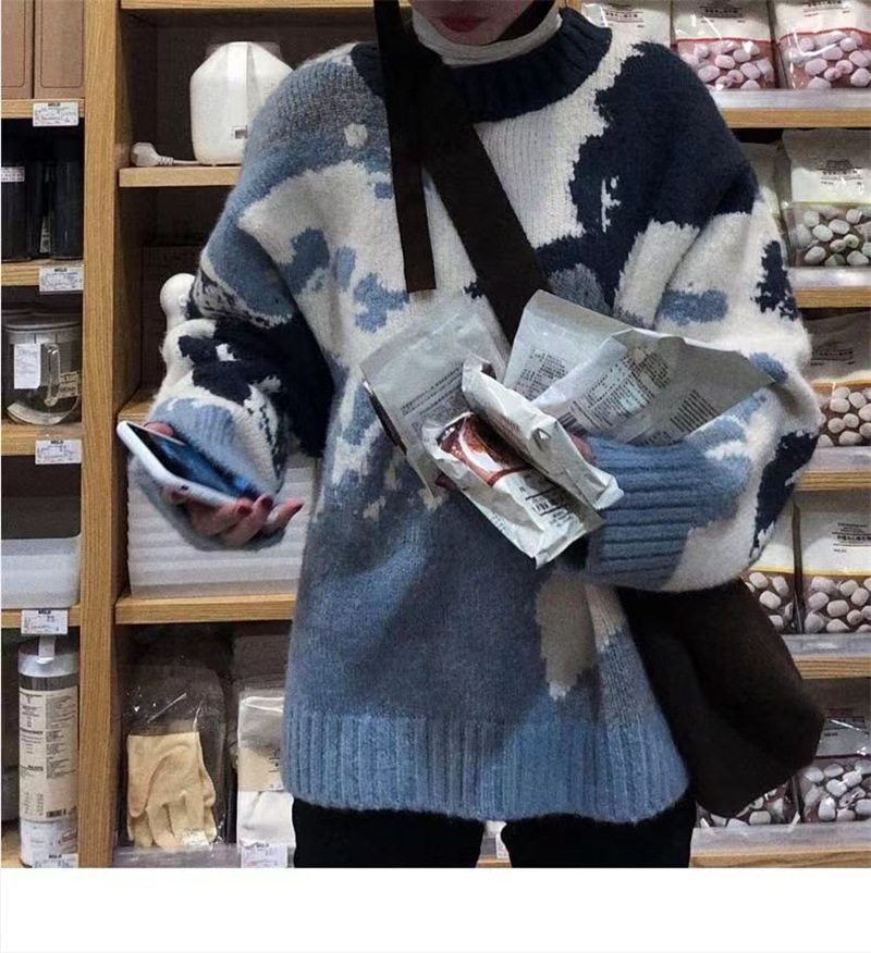 秋冬季新款毛衣针织衫加厚套头学院凤女宽松外穿迷彩显瘦提花港风