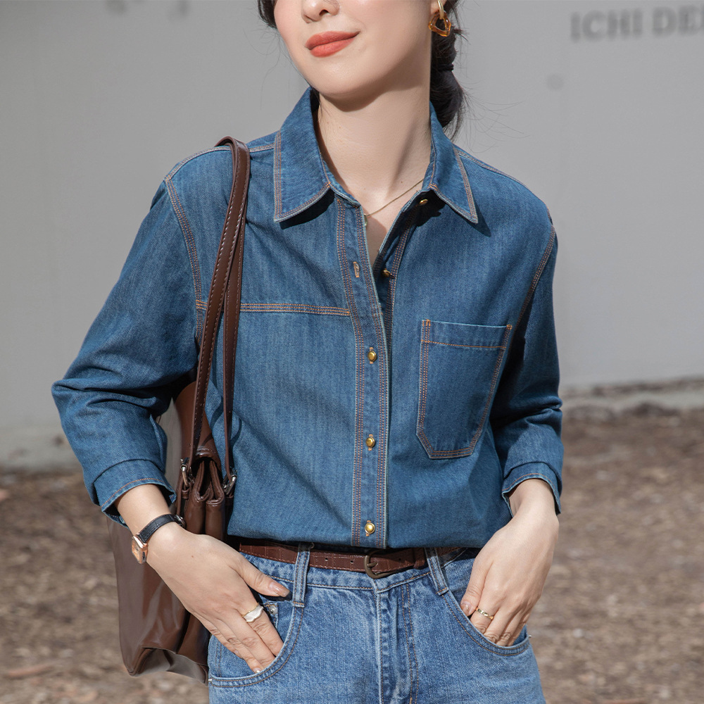 不卷边蓝色正肩牛仔衬衫女2024春季新款叠穿衬衣韩系设计感上衣女