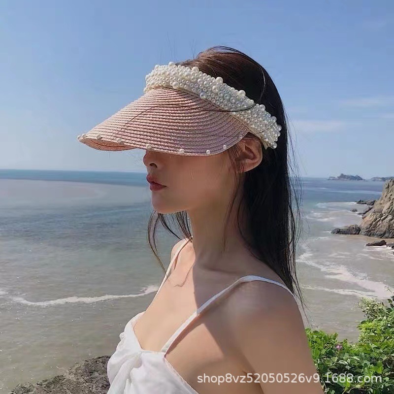 2023 New Straw Hat Women's Summer Handmade Pearl Beach Grass Topless Hat Women's Sun Hat Korean Style Internet Famous Hat