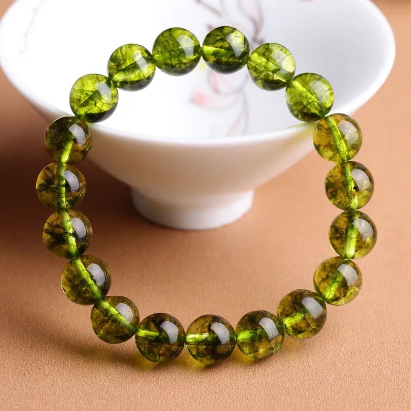 天然收藏级橄榄石手链 冰种绿橄榄石绿色宝石水晶单圈手串女