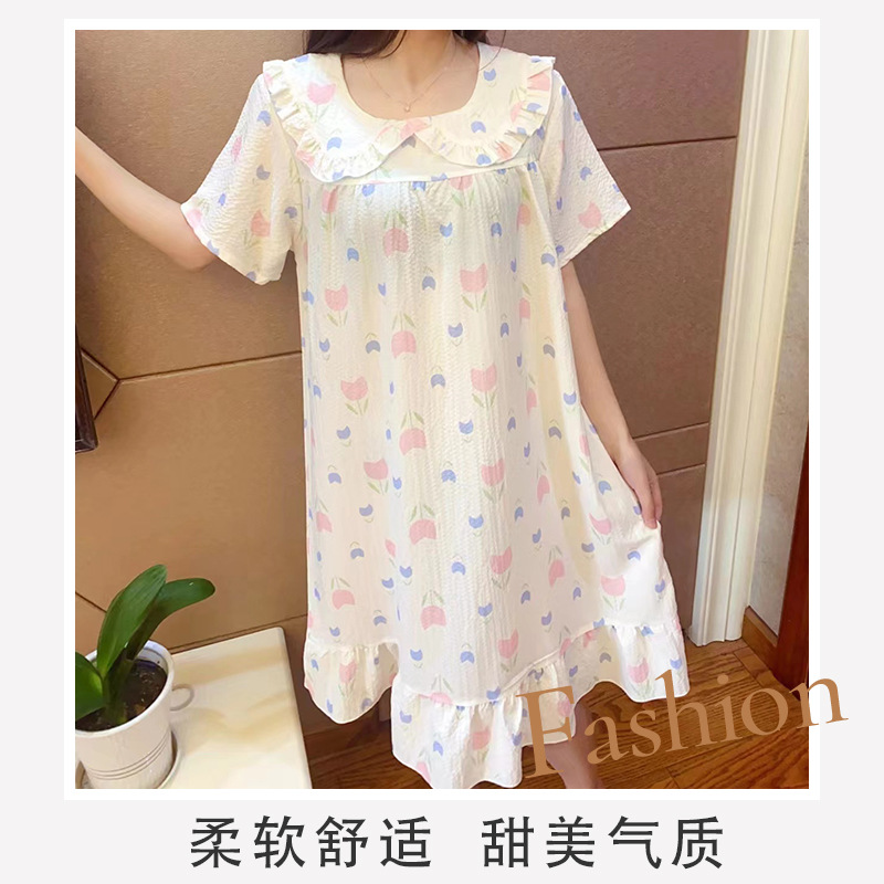 New Peter Pan Collar Nightdress Women's Summer Short-Sleeved Cloud Cotton Breathable Sweet Cotton Student Summer Pajamas Can Be Worn outside