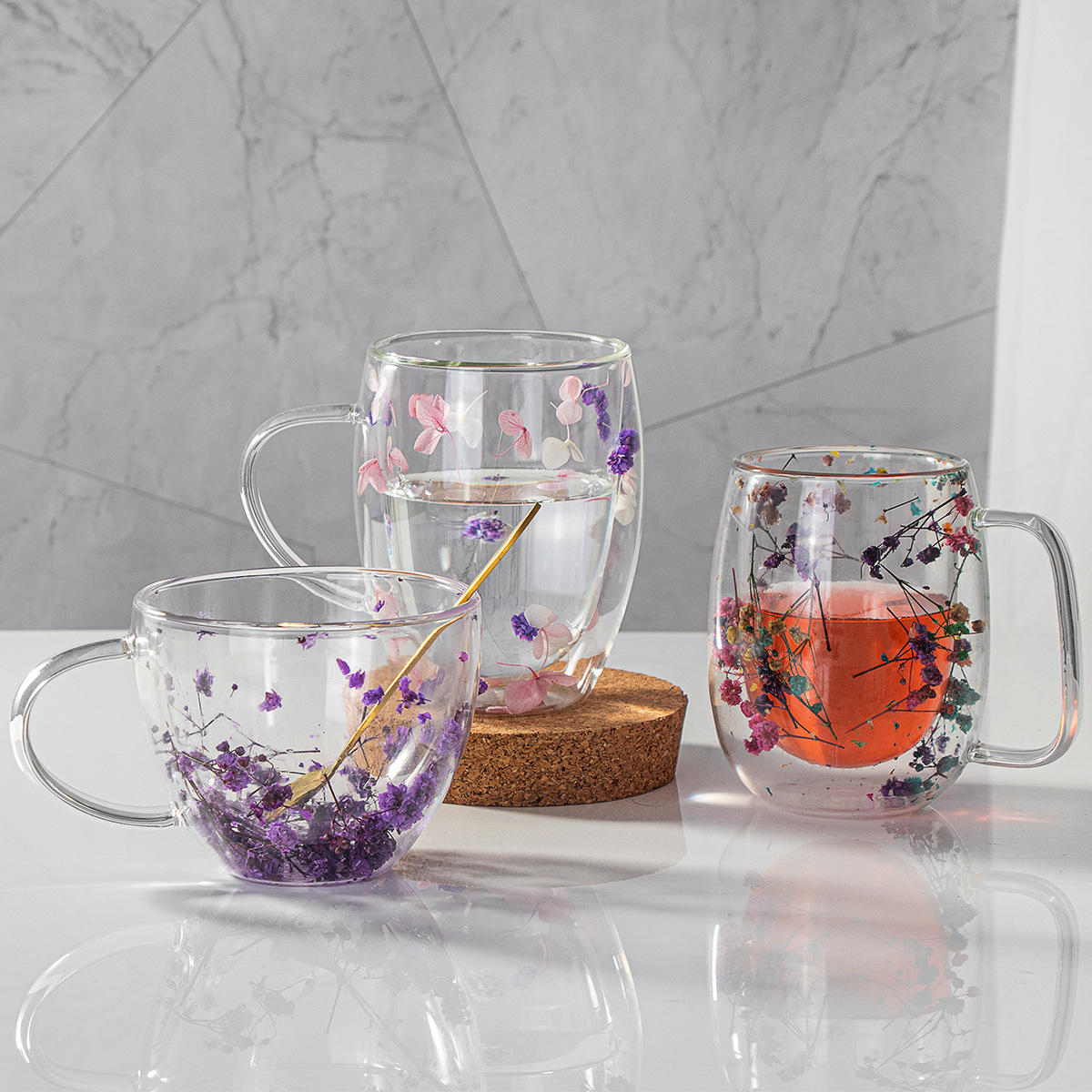 Real Flower Good-looking Double Layer Glass Cup Borosilicate Cross-Border Wholesale Supply Dried Flower Cup Coffee Cup Milk Juice Cup
