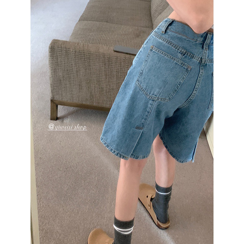 Real Shot 2023 Summer New Korean Style Sense of Design Loose Wide Leg Pants Slimming Cropped Denim Shorts for Women 41975