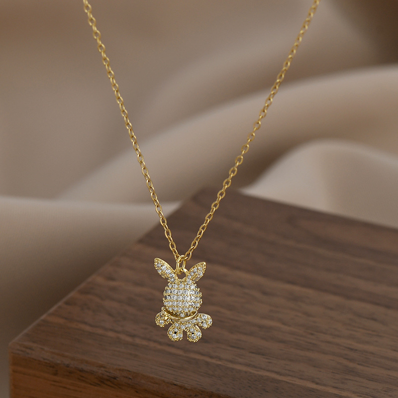 Real Gold Plating Inlaid Zircon Temperament Clavicle Chain Special-Interest Design Full Diamond Bunny Necklace Personal Influencer Necklace Tide