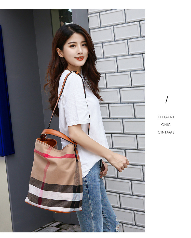 女包包来自星星的你同款水桶包帆布格子包手提单肩斜挎包一件代发