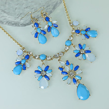 欧美风饰品蓝色宝石花朵项链女满钻耳环套装精美首饰时尚百搭配饰