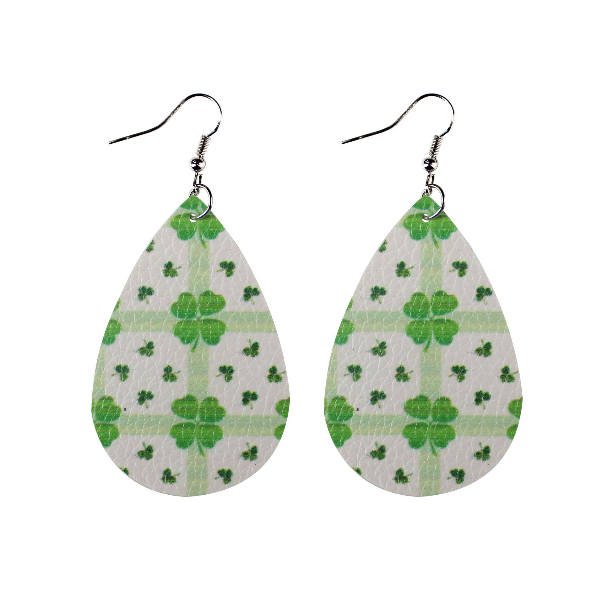 San Pajie Irish Clover Leather Printed Earrings Pu Eardrops Cross-Border Amazon Water-Drop Eardrops Women